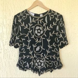Laurence Kazar |Beaded & Sequined Short Sleeve Top